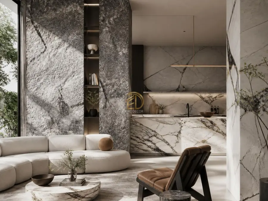 Doğal ham dokulu granit özel mimari salon accent duvarı ve mermer masa