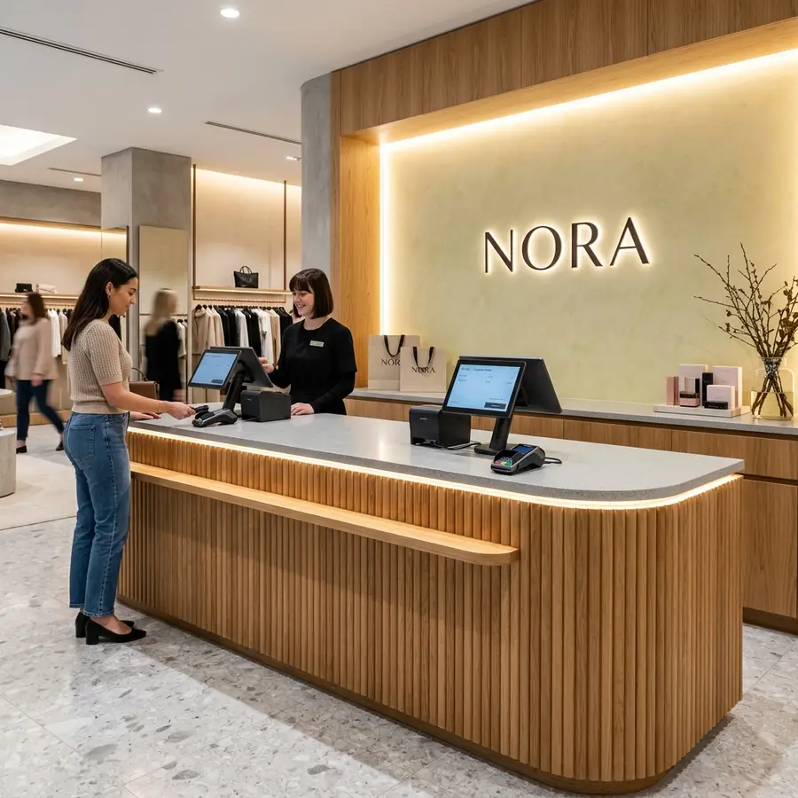 Kavisli ahşap panel kaplamalı ve entegre POS terminal stantlı özel kasa bankosu tasarımı