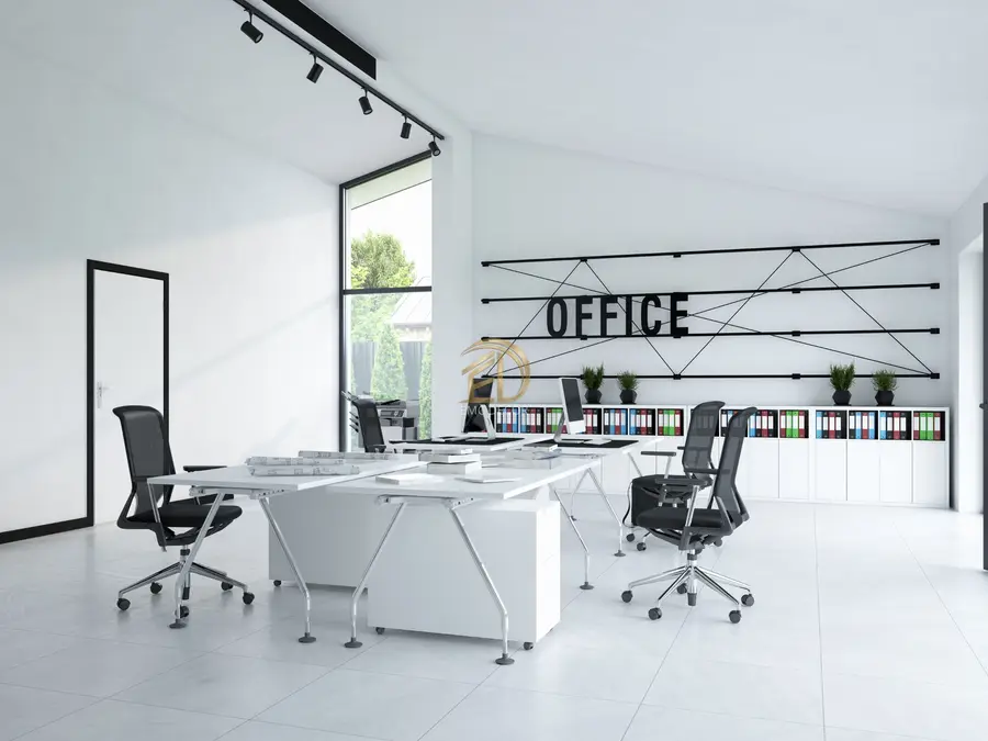Açık renkli minimalist çalışma alanları, ray spot ve ergonomik masa düzeni