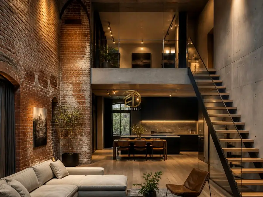 Tuğla, beton ve metal detaylarla yenilenmiş loft iç mekân