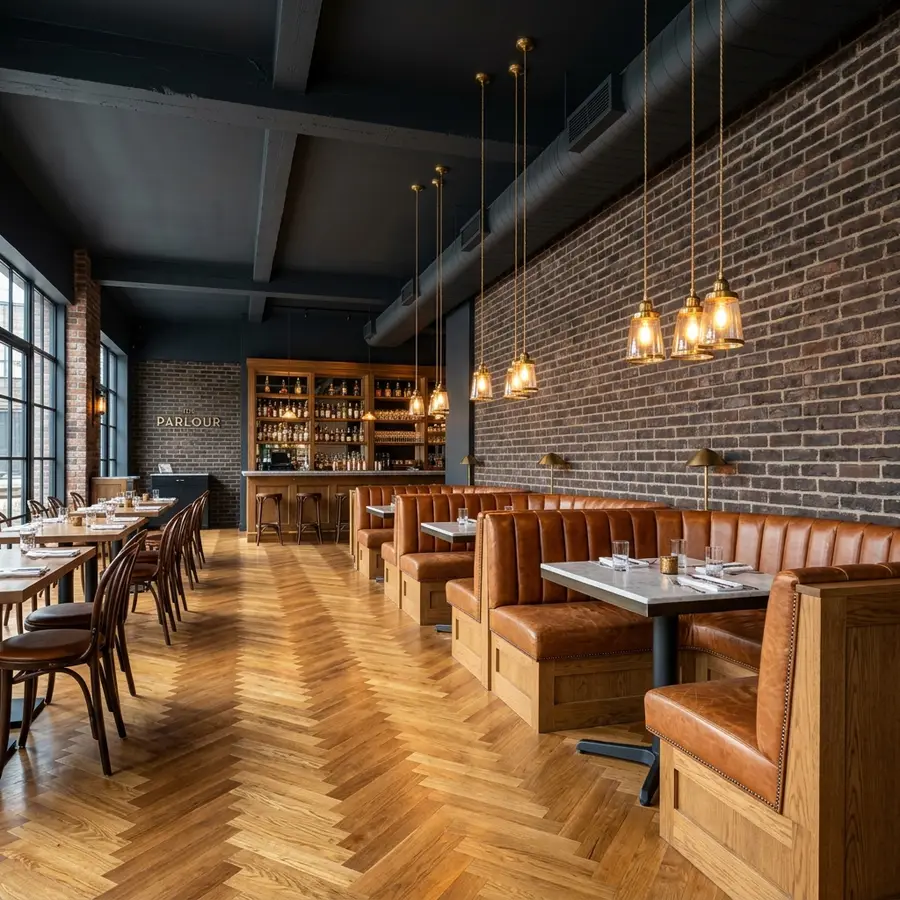 Restoran ve kafe projesinde özel imalat loca koltukları ve ahşap zemin kaplaması