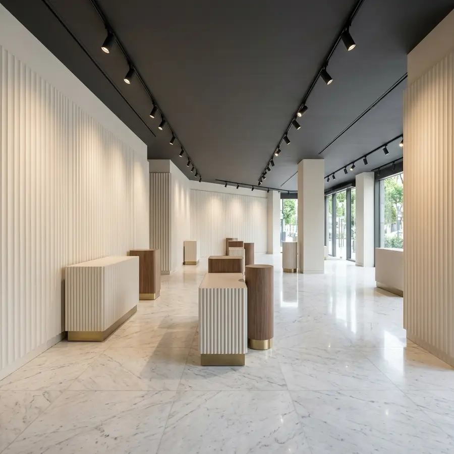 Ticari mağaza showroom alanında oluklu alçı paneller, ray spot ve mermer zemin kaplaması